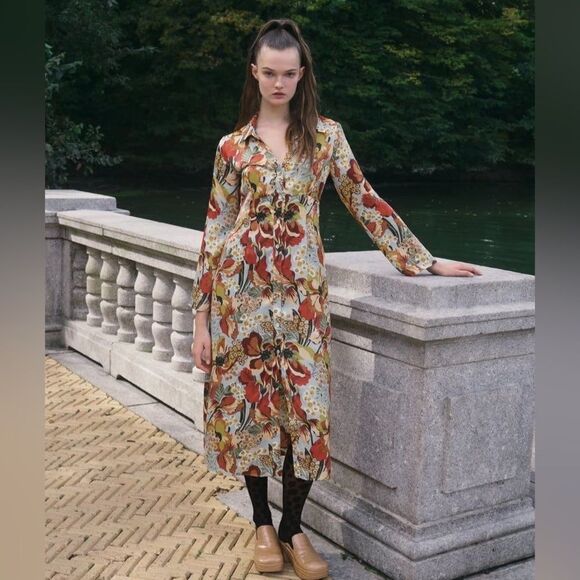 ZARA TROPICAL PRINT SATIN EFFECT DRESS - Picture 3 of 8